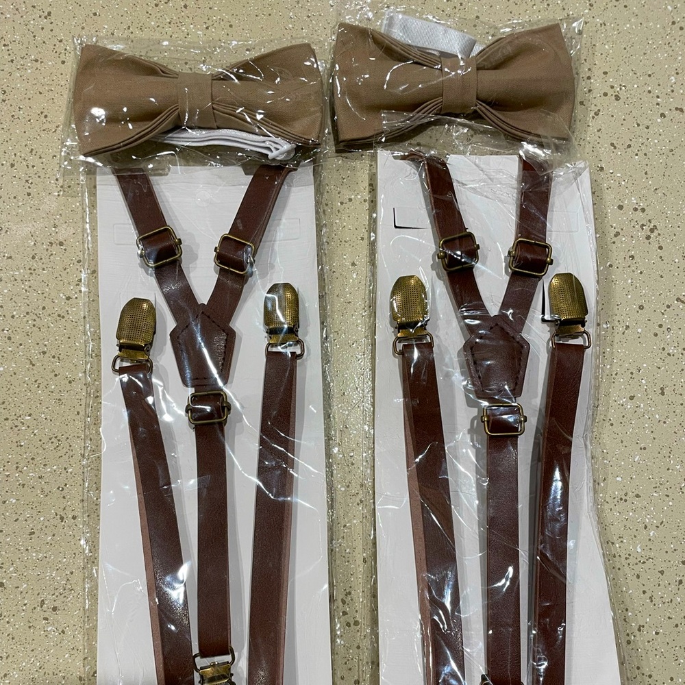 Leather suspenders with taupe bow ties- brand new!